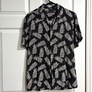 Extra Small XS All Saints Allsaints Shirt Pineapple Print Black Button Hawaiian